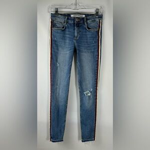 Zara Trafaluc Denim Collection Skinny Jeans, Size 6, White/Red Stripe